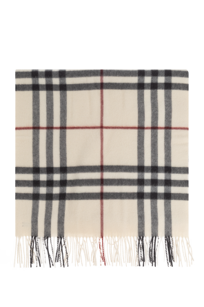 【関税&送料込】Burberry Printed Wool Blend Scarf Burberry Scarf Unisex Fringe Check Gray/Red 100% Lambswool